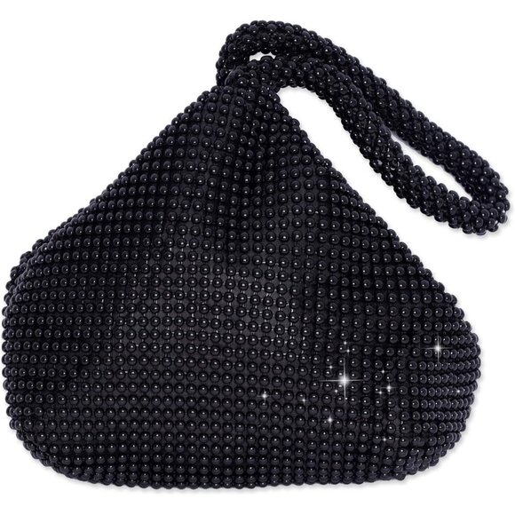 🆕Women Black Polyester Beaded Clutch Purse Vintage Triangle Bag  Prom Wedding - Picture 1 of 7